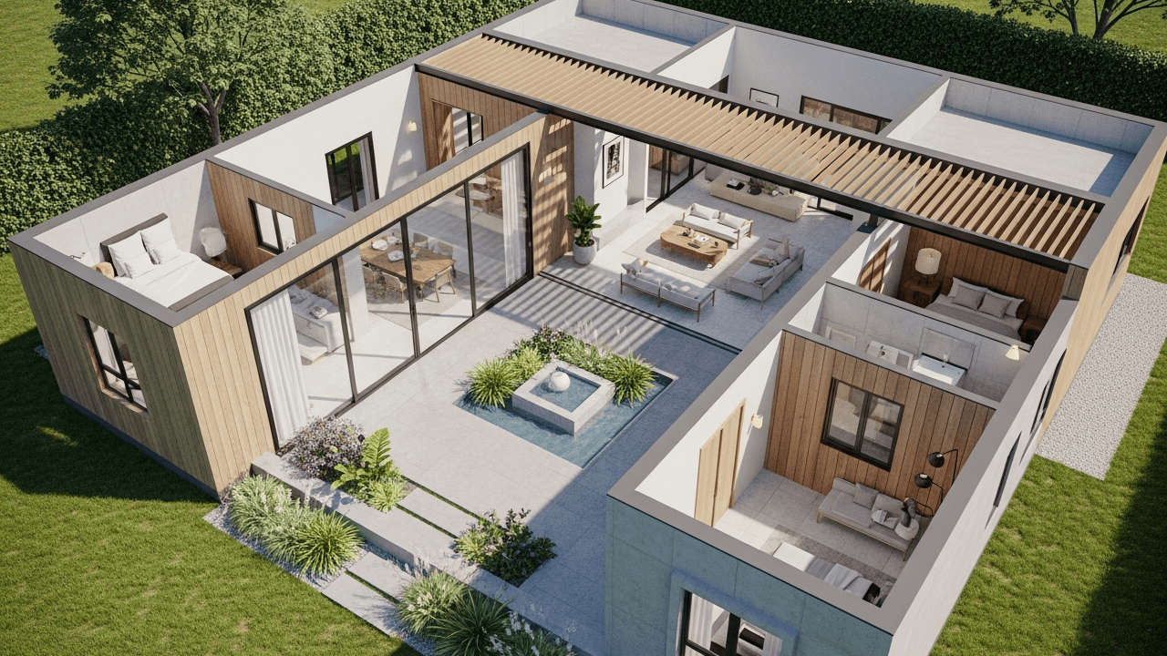 Projeto de casa térrea em U com 3 dormitórios e 120 metros quadrados aposta em integração, ventilação e fluidez