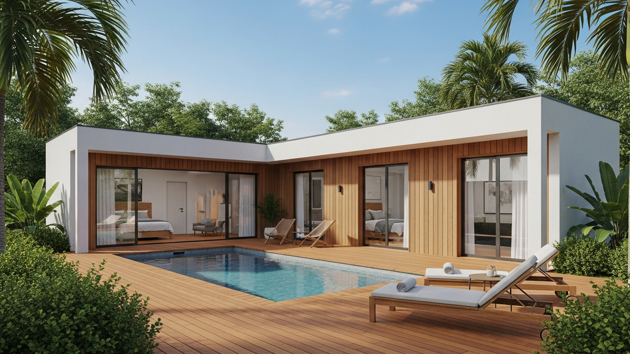 Casa térrea de 100m² com 2 quartos, piscina e deck para recém-casados com orçamento até R$12.000/mês