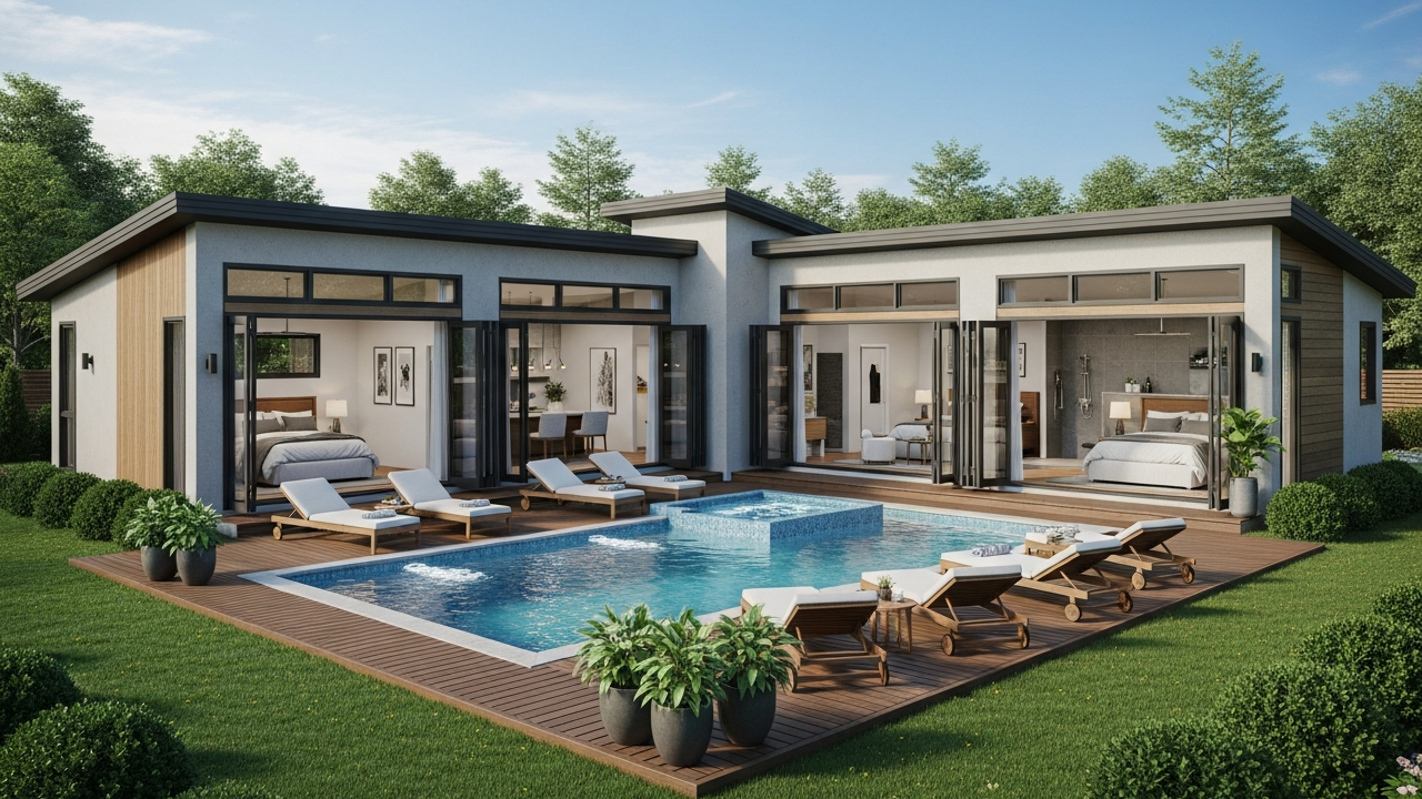 Casa térrea média em L com piscina de 108 m² tem 3 quartos, 2 banheiros e suíte integrada para você e sua família