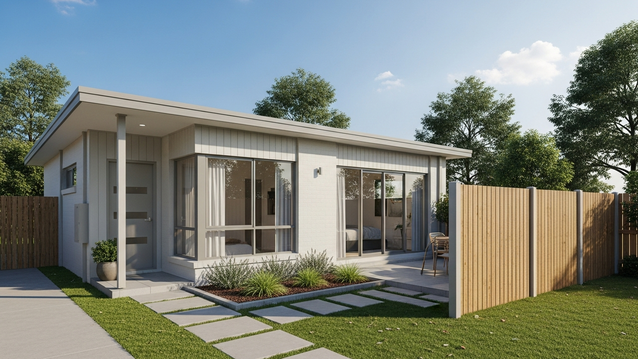 Casa térrea compacta com 2 dormitórios e pátio lateral de 64 metros quadrados otimiza conforto e iluminação natural