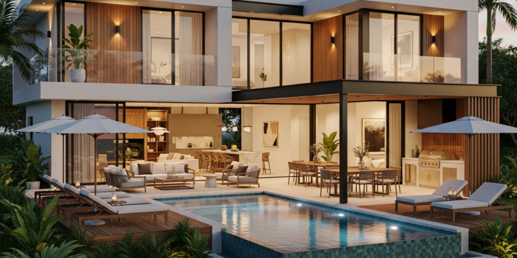 Casa moderna com piscina e áreas sociais integradas revela projeto eficiente e sofisticado