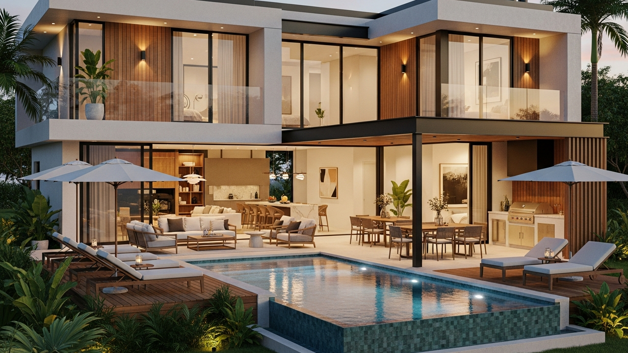 Casa moderna com piscina e áreas sociais integradas revela projeto eficiente e sofisticado