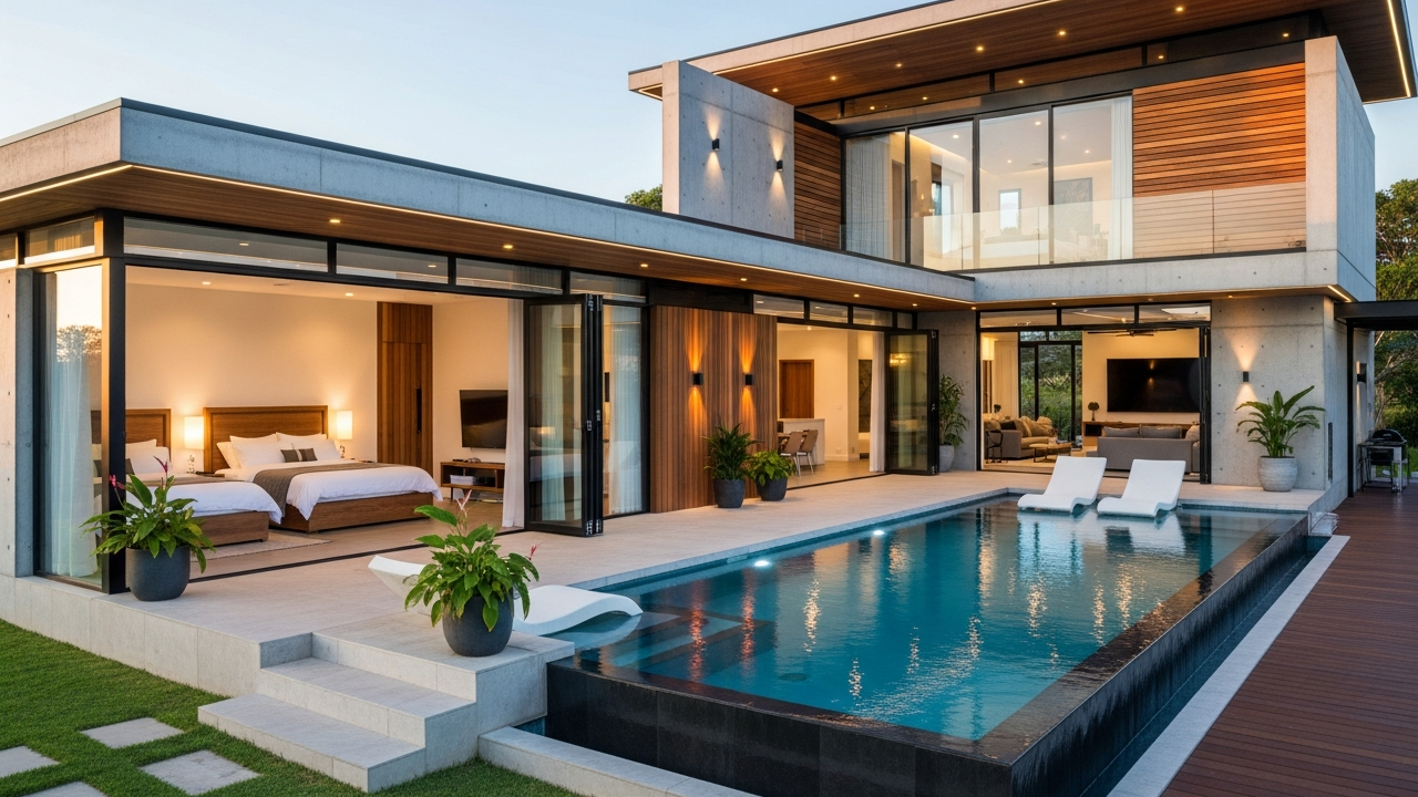 Casa ultramoderna em L com 2 quartos, piscina integrada e design elegante para famílias com renda até R$ 20 mil