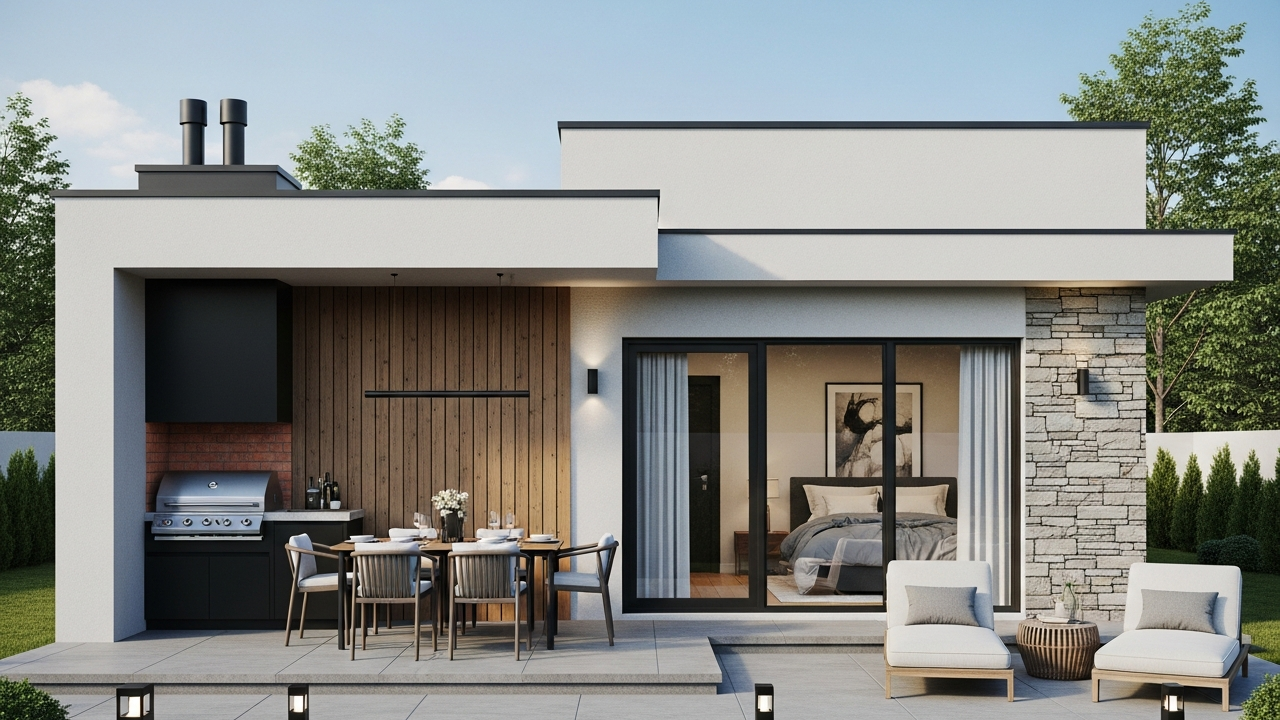 Casa em L moderna 68 metros quadrados com 1 dormitório e área gourmet lateral perfeita para lazer