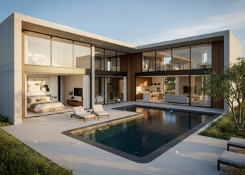 Casa ultramoderna em L com 2 quartos, piscina integrada e design elegante para famílias com renda até R$ 20 mil