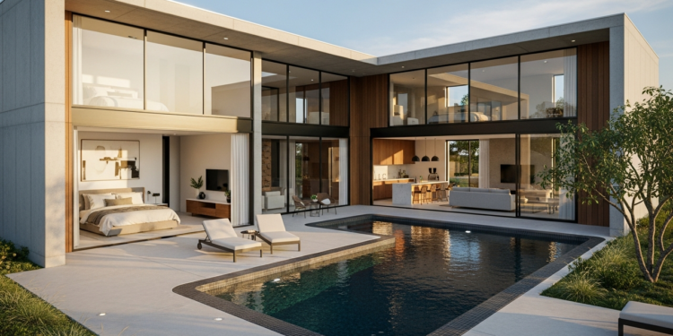 Casa ultramoderna em L com 2 quartos, piscina integrada e design elegante para famílias com renda até R$ 20 mil