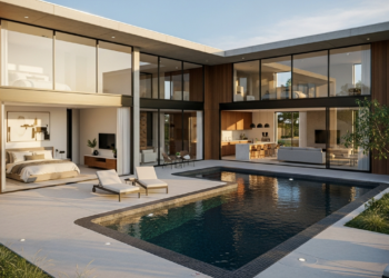 Casa ultramoderna em L com 2 quartos, piscina integrada e design elegante para famílias com renda até R$ 20 mil