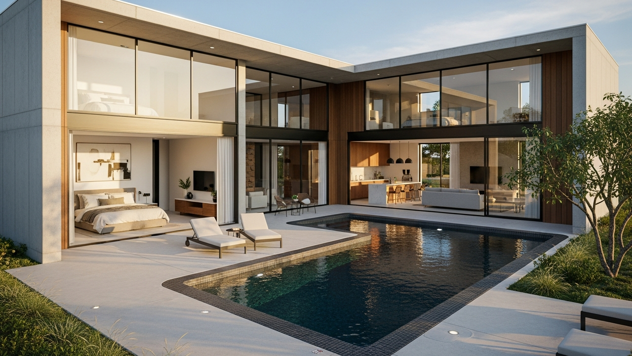 Casa ultramoderna em L com 2 quartos, piscina integrada e design elegante para famílias com renda até R$ 20 mil