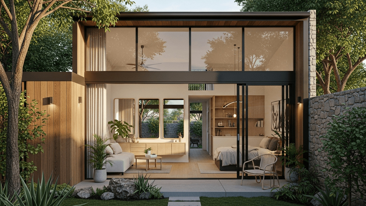 Residência compacta e elegante com iluminação natural, integração com a natureza e planta inteligente