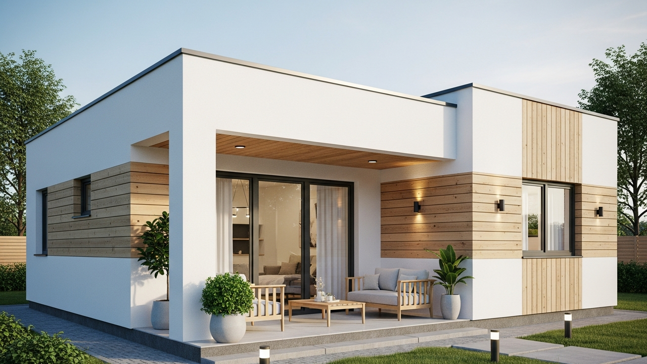 Projeto de casa pequena de 45 m² une conforto, varanda integrada e fachada branca com madeira clara