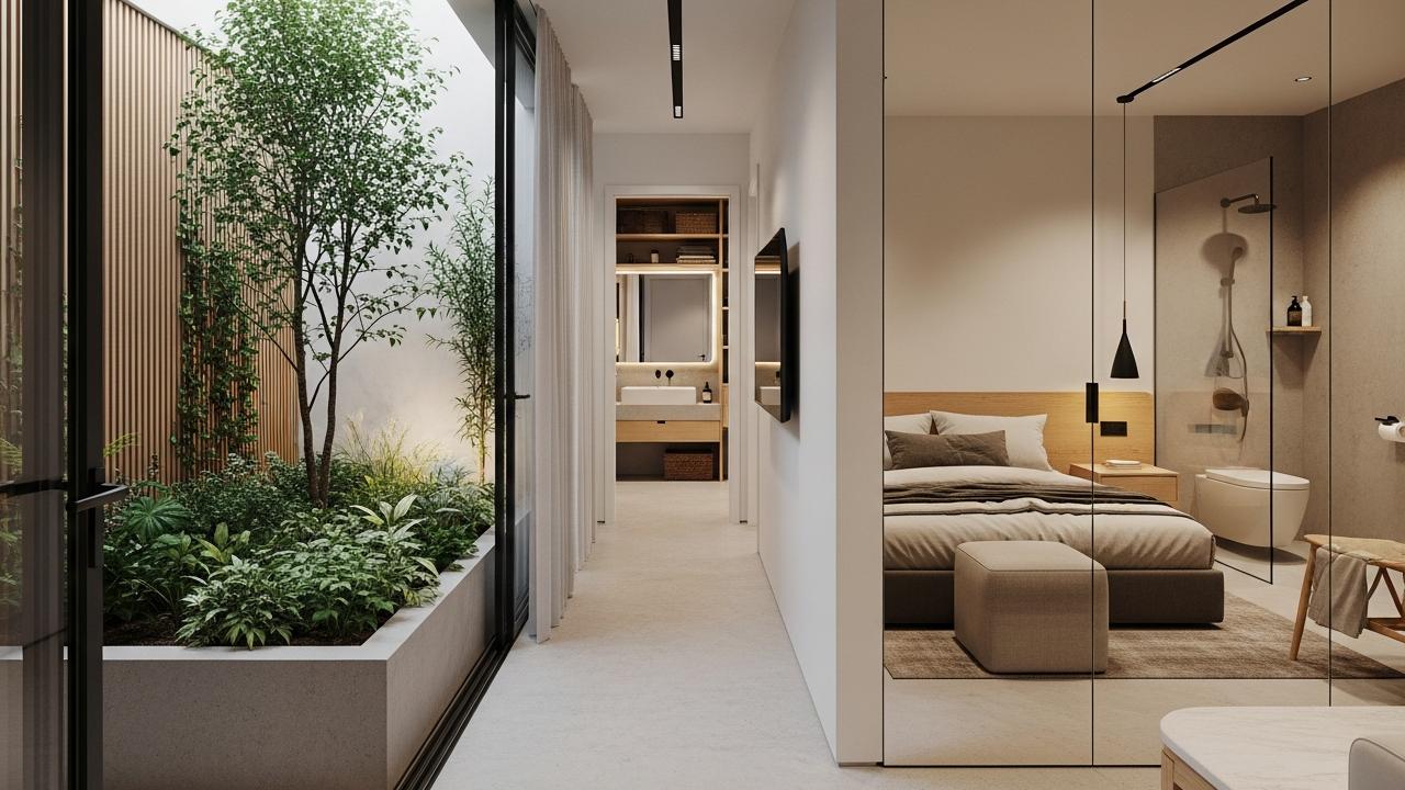 Refúgio urbano de 55 metros quadrados, linear com 1 suíte, 1 banheiro e jardim interno para máxima praticidade