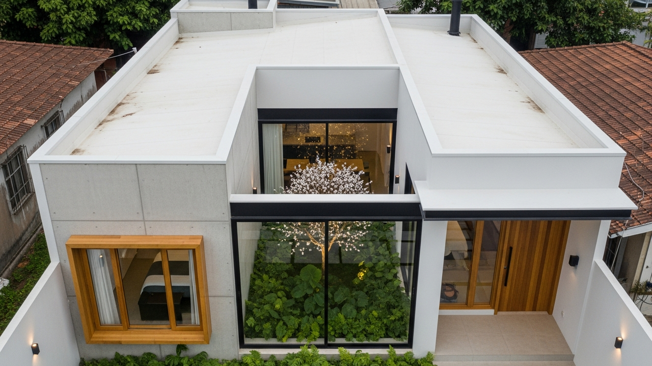 Conheça a residência compacta 98 metros quadrados com 3 dormitórios e jardim interno que integra ambientes sociais