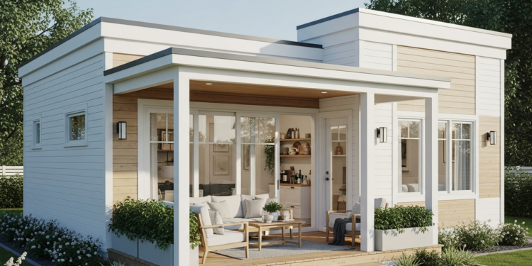 Projeto de casa pequena de 45 m² une conforto, varanda integrada e fachada branca com madeira clara