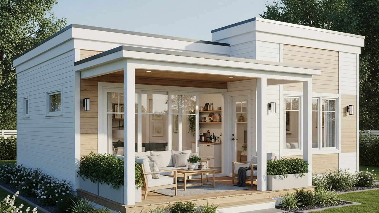 Projeto de casa pequena de 45 m² une conforto, varanda integrada e fachada branca com madeira clara