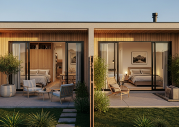 Lar compacto e funcional: design minimalista, 2 quartos e pátios estratégicos para conforto e amplitude