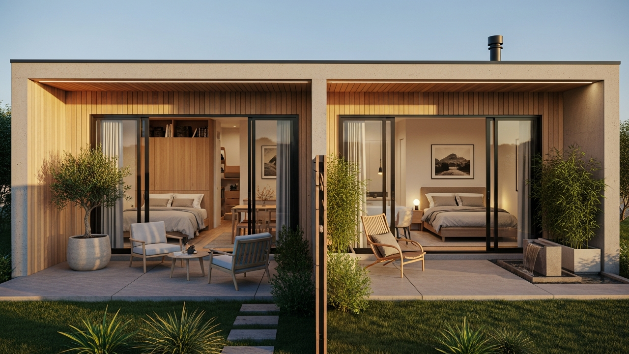 Lar compacto e funcional: design minimalista, 2 quartos e pátios estratégicos para conforto e amplitude