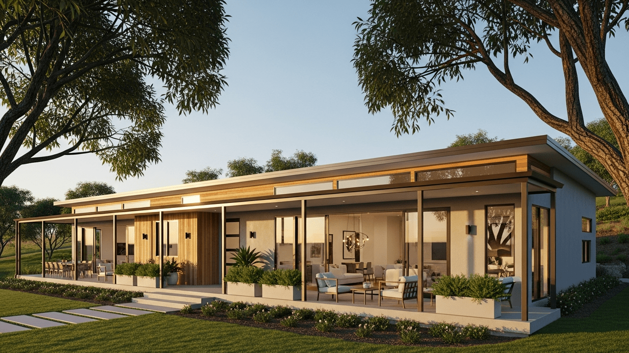 Casa térrea moderna com varanda contínua, 3 quartos e 2 banheiros para conforto e integração total