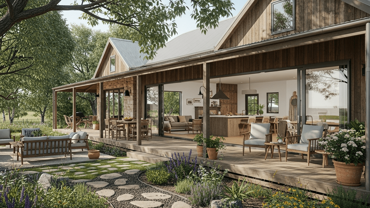 Projeto de casa de campo rústico-moderna de 90 metros quadrados com varanda ampla e integração com jardim