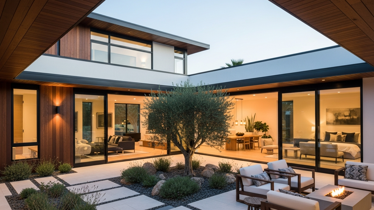 Projeto residencial em L com 3 quartos, pátio interno e integração social otimiza o uso diário