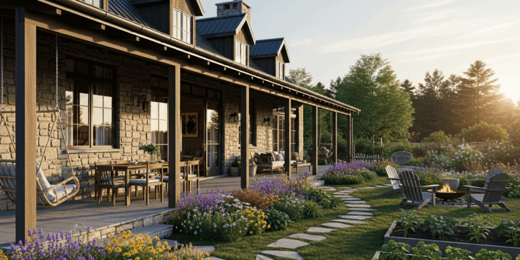 Projeto de casa de campo rústico-moderna de 90 metros quadrados com varanda ampla e integração com jardim