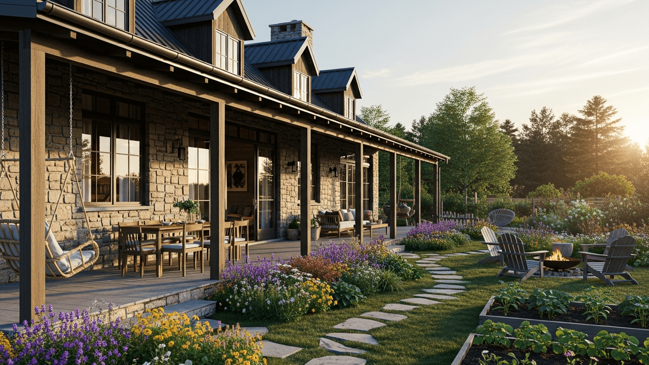 Projeto de casa de campo rústico-moderna de 90 metros quadrados com varanda ampla e integração com jardim