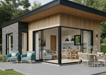 Esta casa moderna com pátio interno impressiona com varanda ampla, vidro do chão ao teto e conforto incomparável