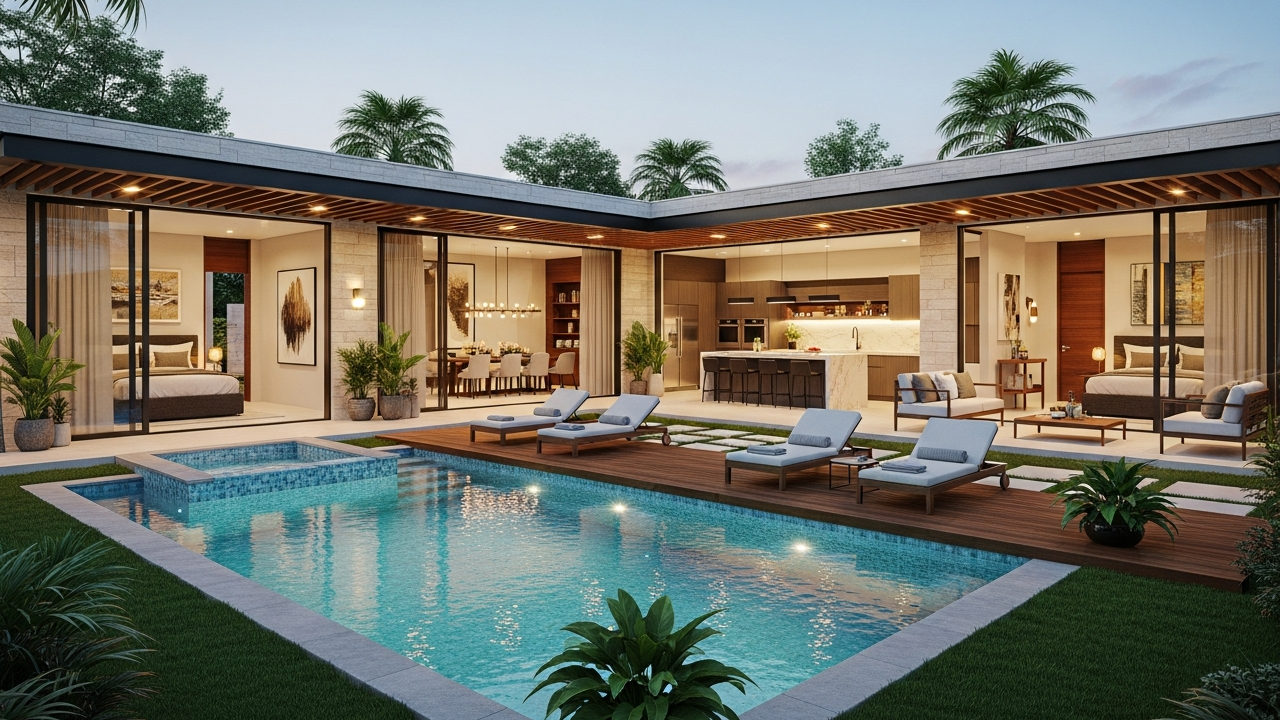 Explore esta casa térrea em U com piscina central, 4 suítes e áreas integradas para lazer e conforto