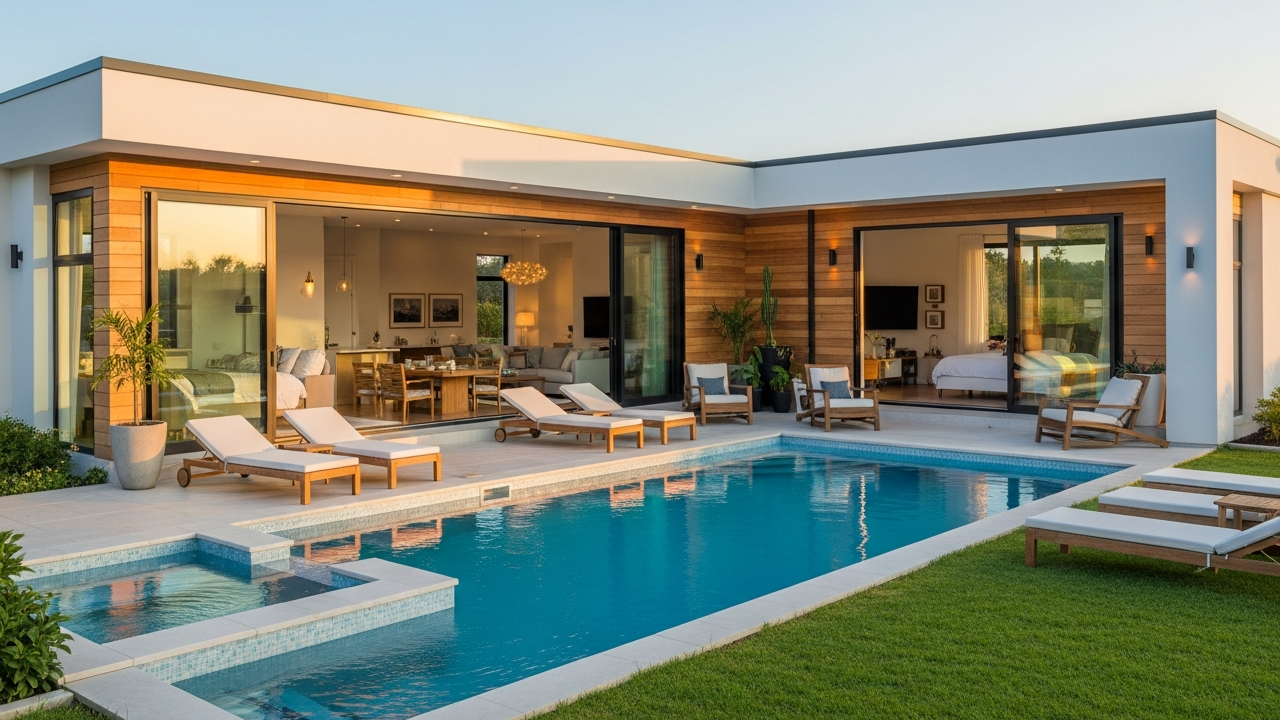 Casa térrea média em L com piscina de 108 m² tem 3 quartos, 2 banheiros e suíte integrada para você e sua família