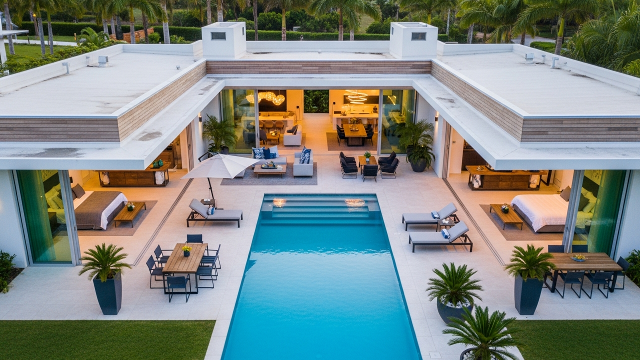 Explore esta casa térrea em U com piscina central, 4 suítes e áreas integradas para lazer e conforto