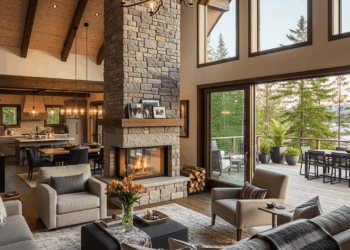 Refúgio aconchegante com lareira central, deck externo e áreas sociais abertas para lazer familiar