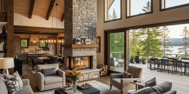 Refúgio aconchegante com lareira central, deck externo e áreas sociais abertas para lazer familiar