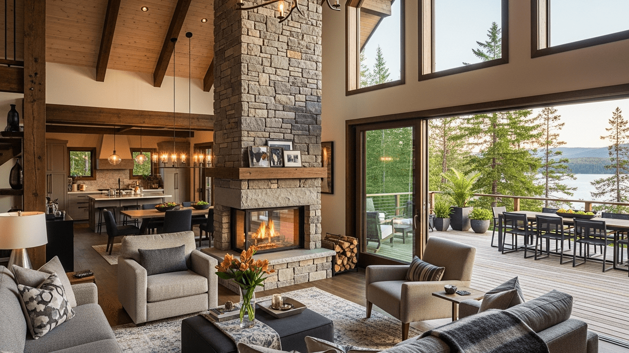 Refúgio aconchegante com lareira central, deck externo e áreas sociais abertas para lazer familiar