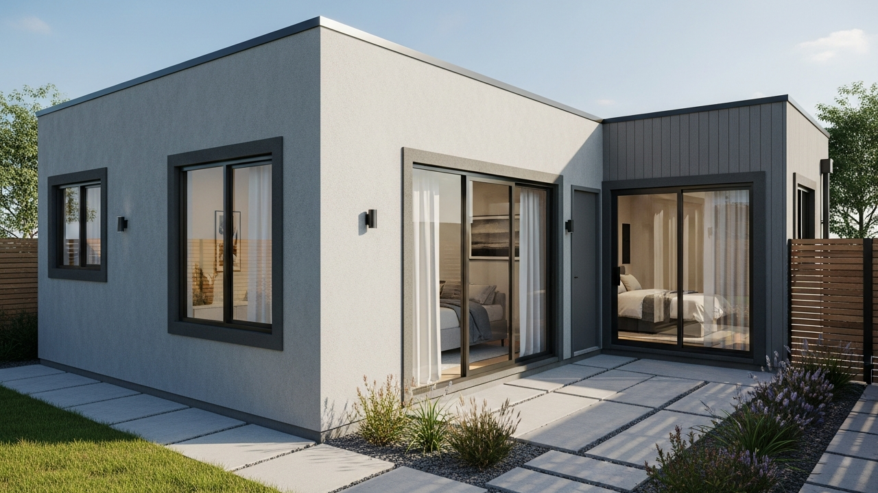 Casa térrea compacta com 2 dormitórios e pátio lateral de 64 metros quadrados otimiza conforto e iluminação natural