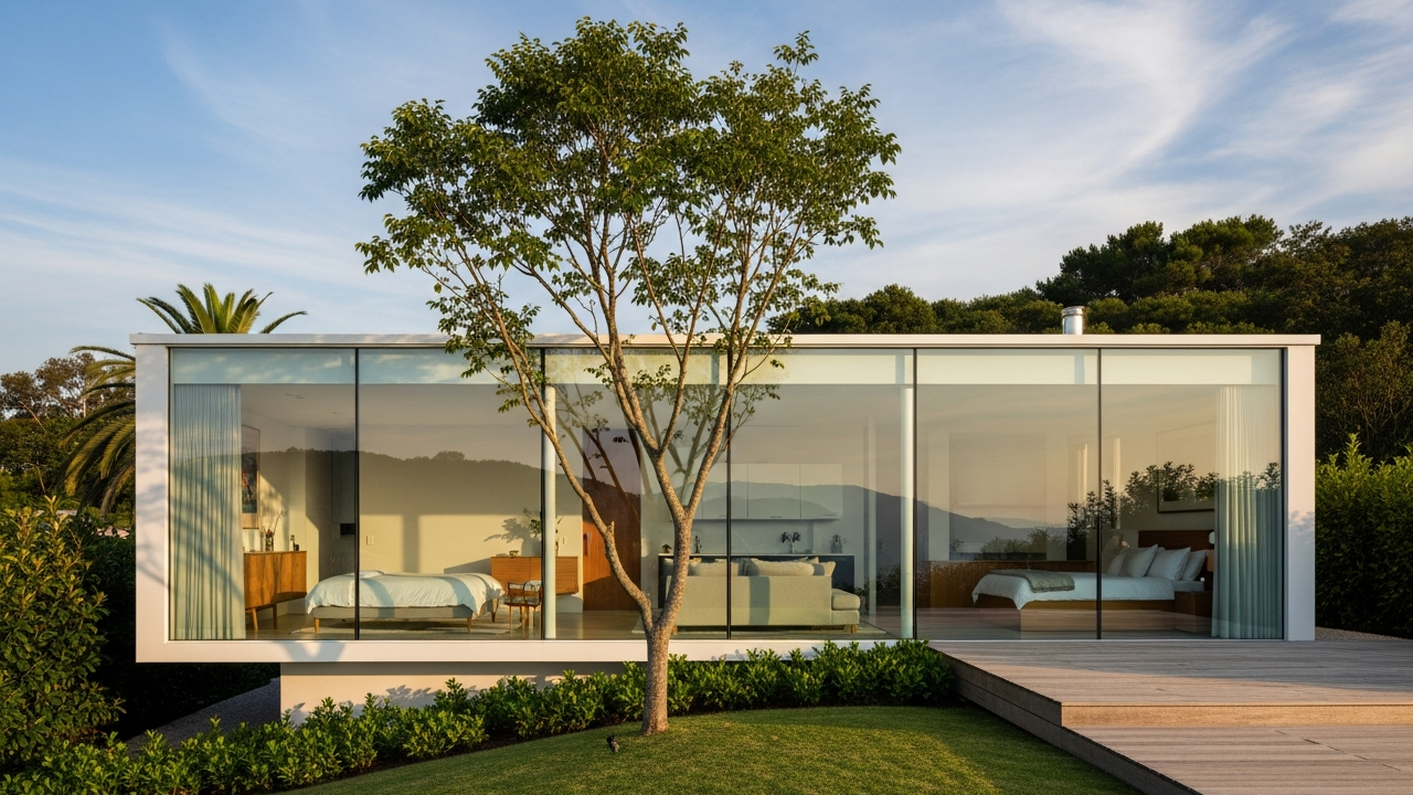 Casa moderna com 2 quartos, 1 banheiro e fachada de vidro para famílias com renda até R$15.000