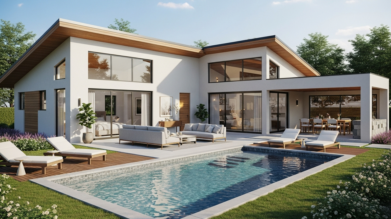 132 metros quadrados, 3 quartos, 3 banheiros, lar amplo com pé-direito alto e piscina nos fundo