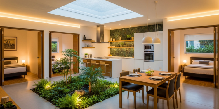 Conheça a residência compacta 98 metros quadrados com 3 dormitórios e jardim interno que integra ambientes sociais
