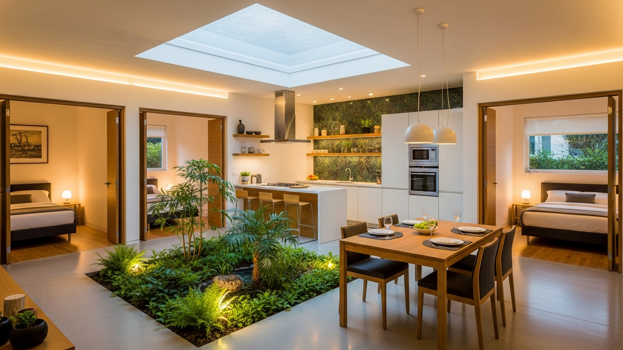 Conheça a residência compacta 98 metros quadrados com 3 dormitórios e jardim interno que integra ambientes sociais