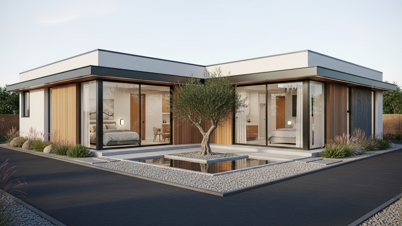 Projeto de casa térrea moderna com 90 metros quadrados, 2 dormitórios, suíte e pátio interno otimiza espaços urbanos