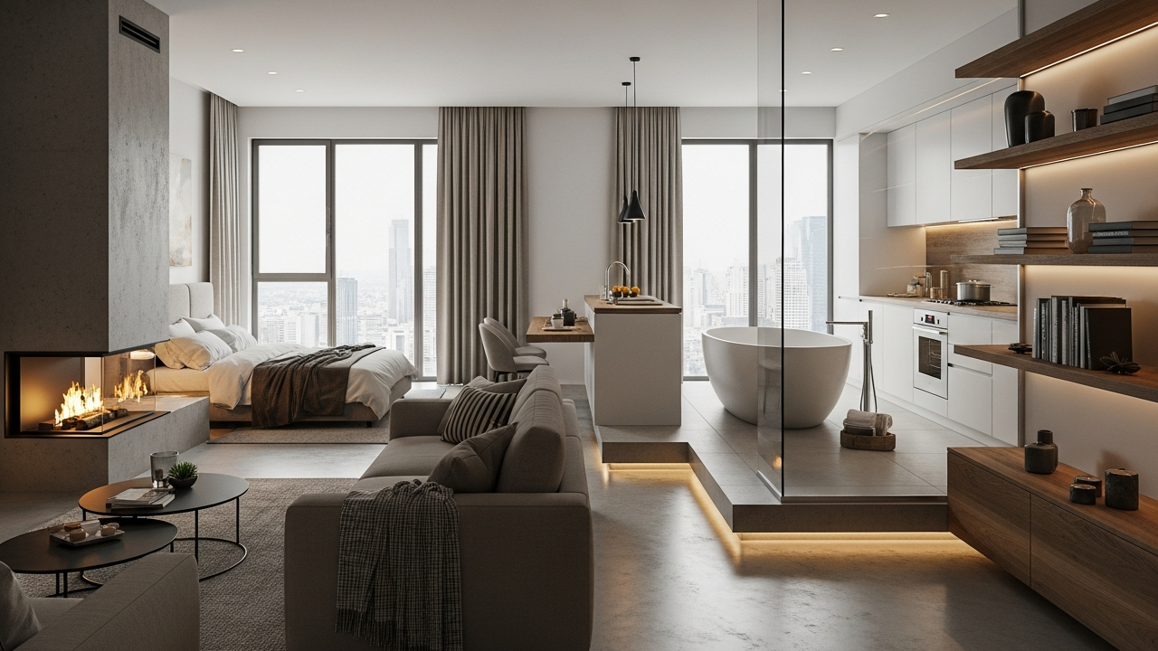 Este projeto de 52 metros quadrados surpreende com lareira, banheira com vista e soluções que transformam conforto em estilo de vida