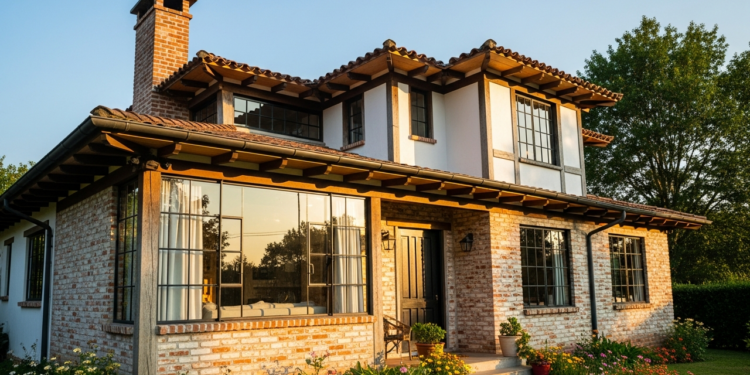 Esta casa de campo de 90m² impressiona com varanda charmosa, gramado verde e aconchego rústico moderno