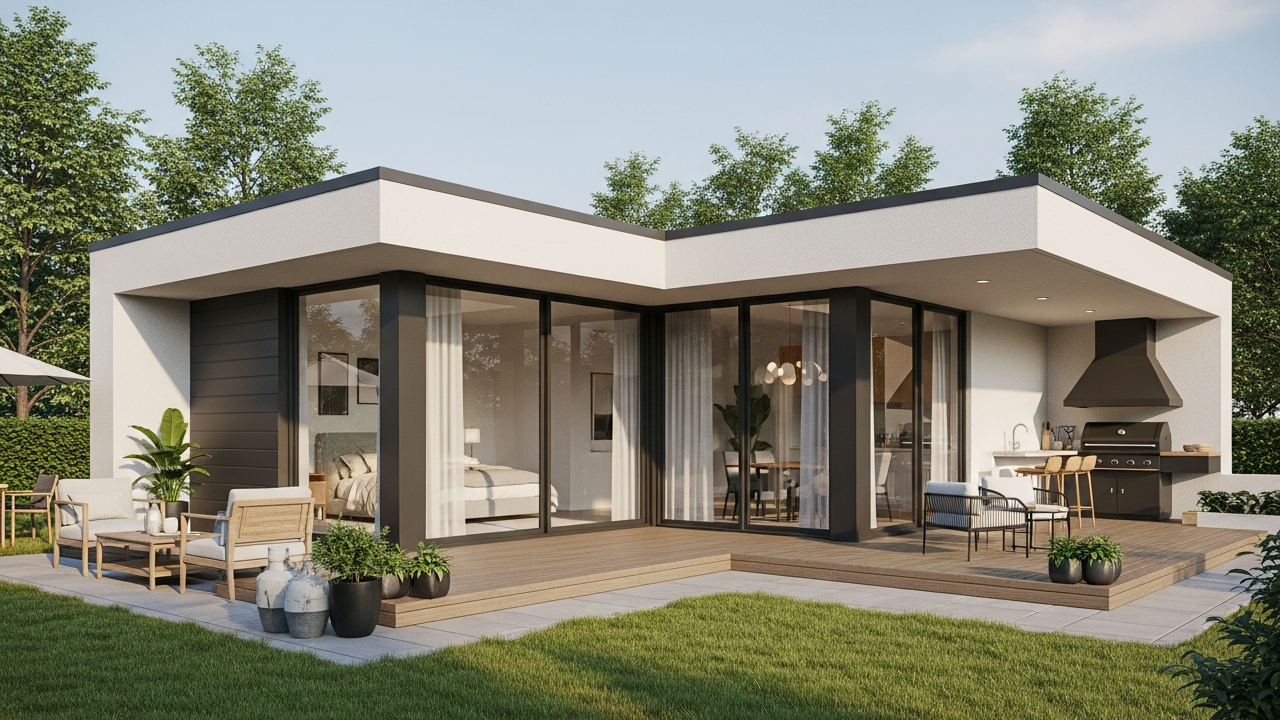 Casa em L moderna 68 metros quadrados com 1 dormitório e área gourmet lateral perfeita para lazer