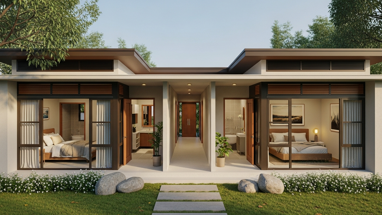 82 metros quadrados de praticidade: casa térrea linear com corredor ventilado, 2 dormitórios e conforto ambiental