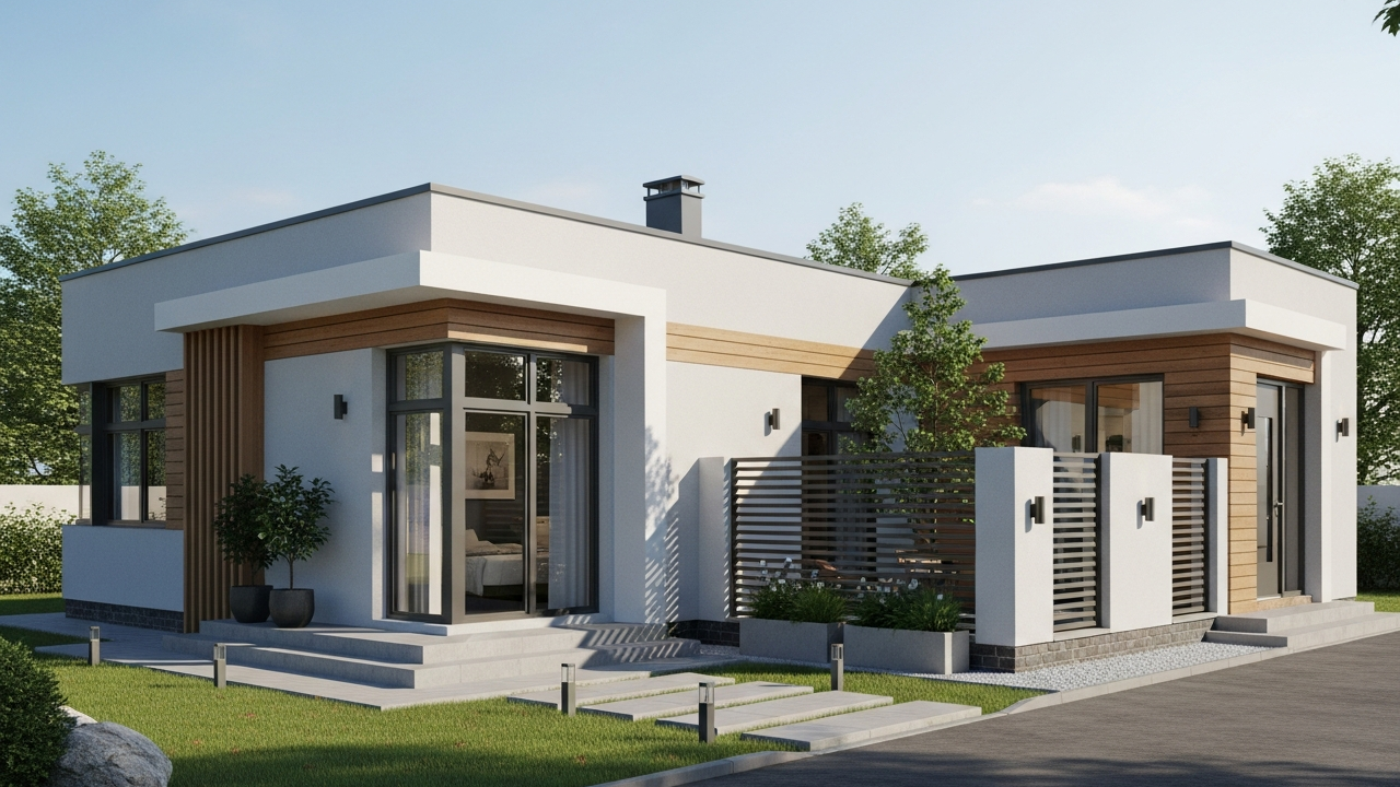 Projeto funcional de casa térrea com 88 metros quadrados em L com 2 dormitórios, 2 banheiros e quintal lateral protegido