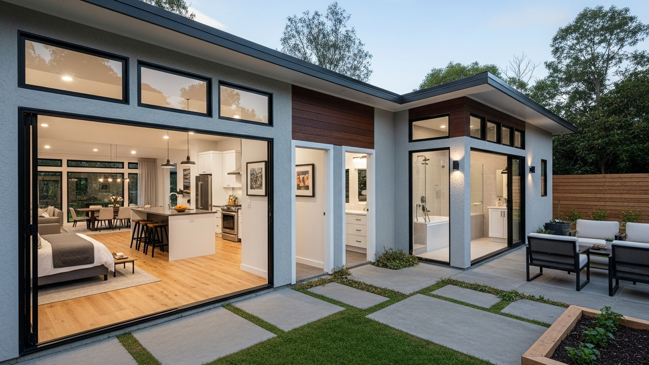 Projeto funcional de casa térrea com 88 metros quadrados em L com 2 dormitórios, 2 banheiros e quintal lateral protegido