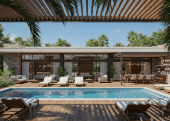 Projeto de casa minimalista com portas de vidro grandes, cozinha externa e jardim tropical planejado