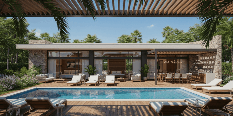Projeto de casa minimalista com portas de vidro grandes, cozinha externa e jardim tropical planejado