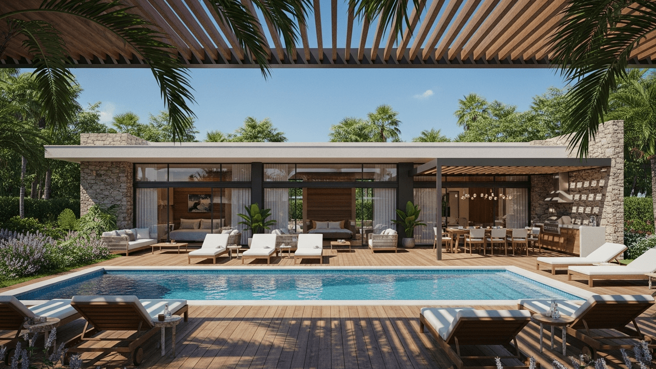 Projeto de casa minimalista com portas de vidro grandes, cozinha externa e jardim tropical planejado