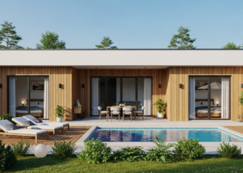 Casa térrea de 100m² com 2 quartos, piscina e deck para recém-casados com orçamento até R$12.000/mês