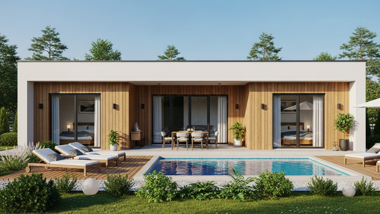 Casa térrea de 100m² com 2 quartos, piscina e deck para recém-casados com orçamento até R$12.000/mês