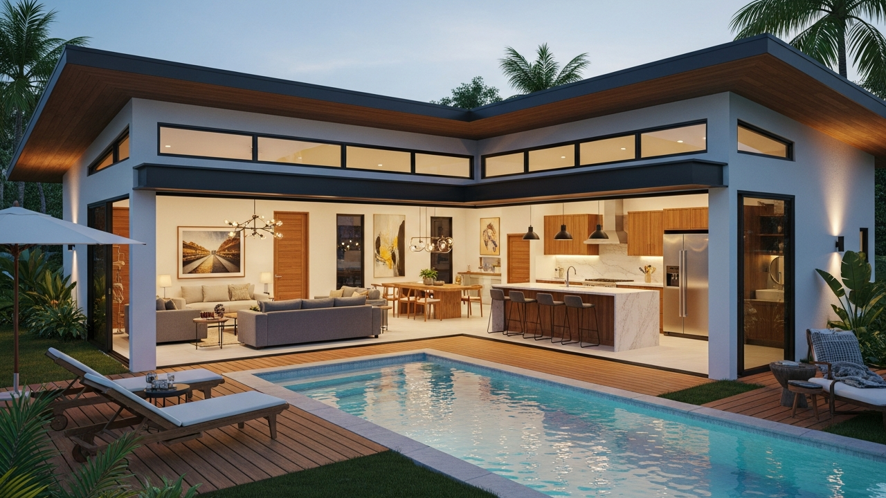 132 metros quadrados, 3 quartos, 3 banheiros, lar amplo com pé-direito alto e piscina nos fundo